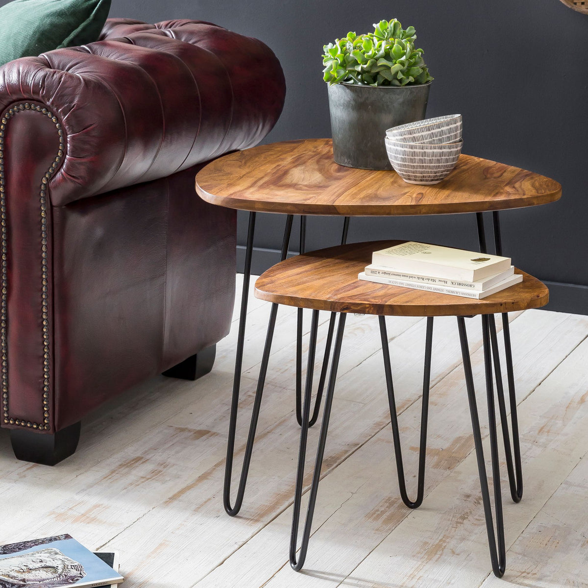 FineBuy Design Satztisch FB51455 Sheesham Metall Beistelltisch 2er Set klein, Couchtisch Set 2 Holz Tische, Massivholz Wohnzimmertisch Metallgestell,