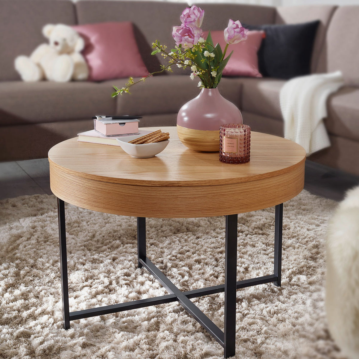 FineBuy Couchtisch Rund Ø 70 cm mit Stauraum - Skandinavisches Design Eiche – Moderner Wohnzimmertisch mit Metallgestell, Stabiler Lounge Sofatisch, B