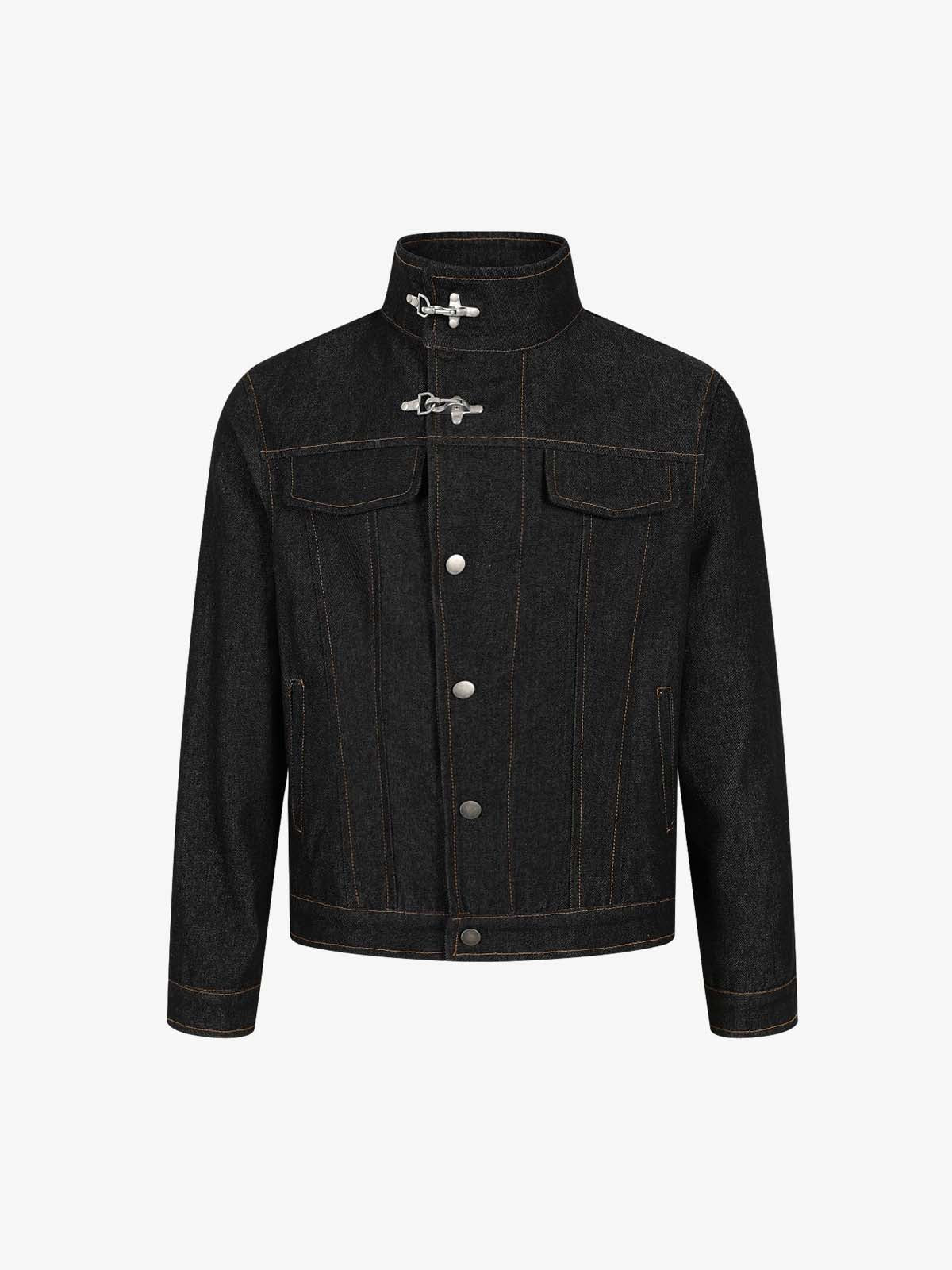Stand Collar Clasp Detail Denim Jacket - Black / S