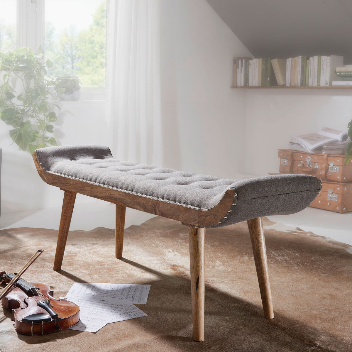 FineBuy gepolsterte Sitzbank 120 cm Massivholz Stoff grau - Retro Chesterfield Polsterbank für Garderobe Schlafzimmer & Wohnzimmer - Garderobenbank Ei