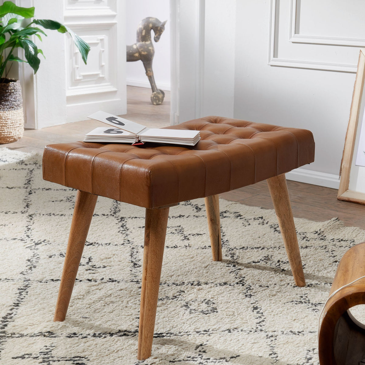 FineBuy Sitzhocker 67x47x39 cm Mango Massivholz / Echtleder Chesterfield-Design, Lederhocker Braun, Beistellhocker Hocker ohne Lehne, Country Fußhocke