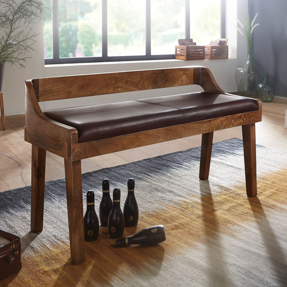 FineBuy gepolsterte Sitzbank mit Lehne 108 cm Massivholz Echtleder Braun - Retro Bank für Garderobe Schlafzimmer & Wohnzimmer - Garderobenbank Eingang