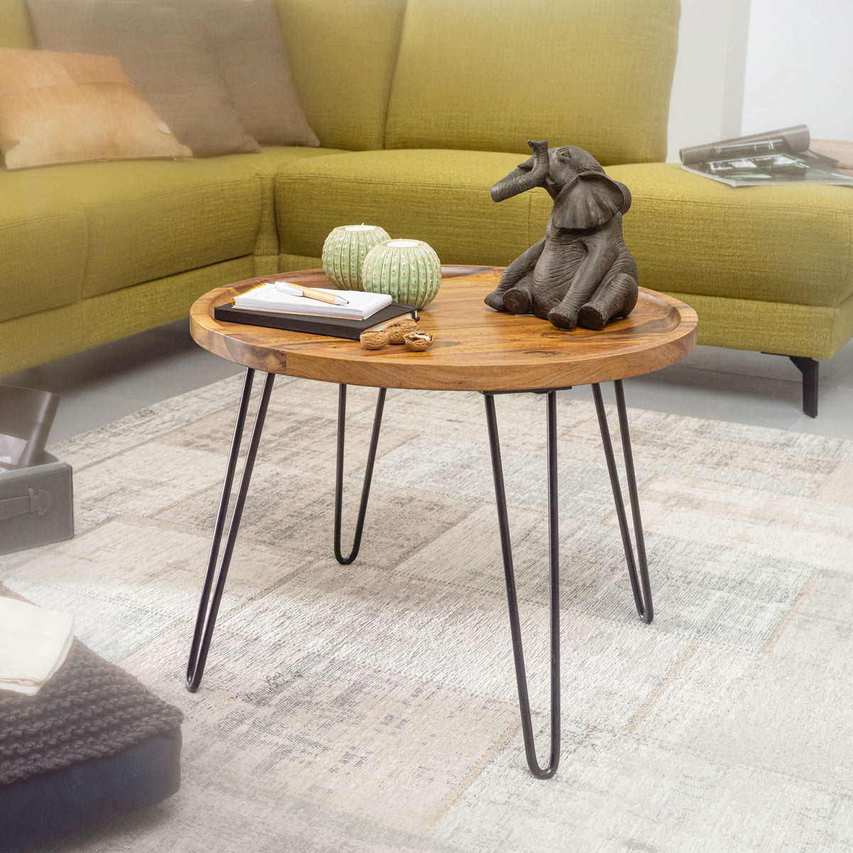 FineBuy Couchtisch Sheesham Massivholz rund Ø 60 cm – Wohnzimmertisch mit Metallbeinen im Retro Design – Handgefertigter Holztisch mit Ablagekante – 4