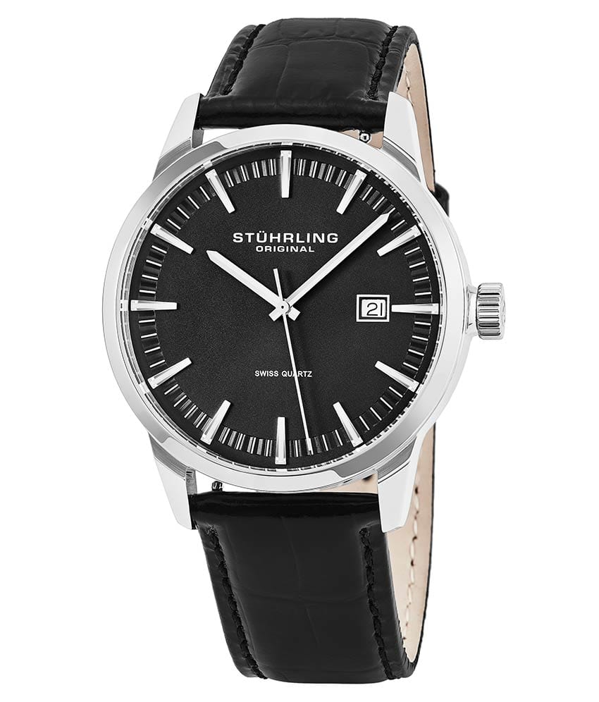 Stührling Ascot 555A Quartz 42mm Classic - Black Dial / Silver Case / Black Leather Interchangeable Strap Tang Buckle