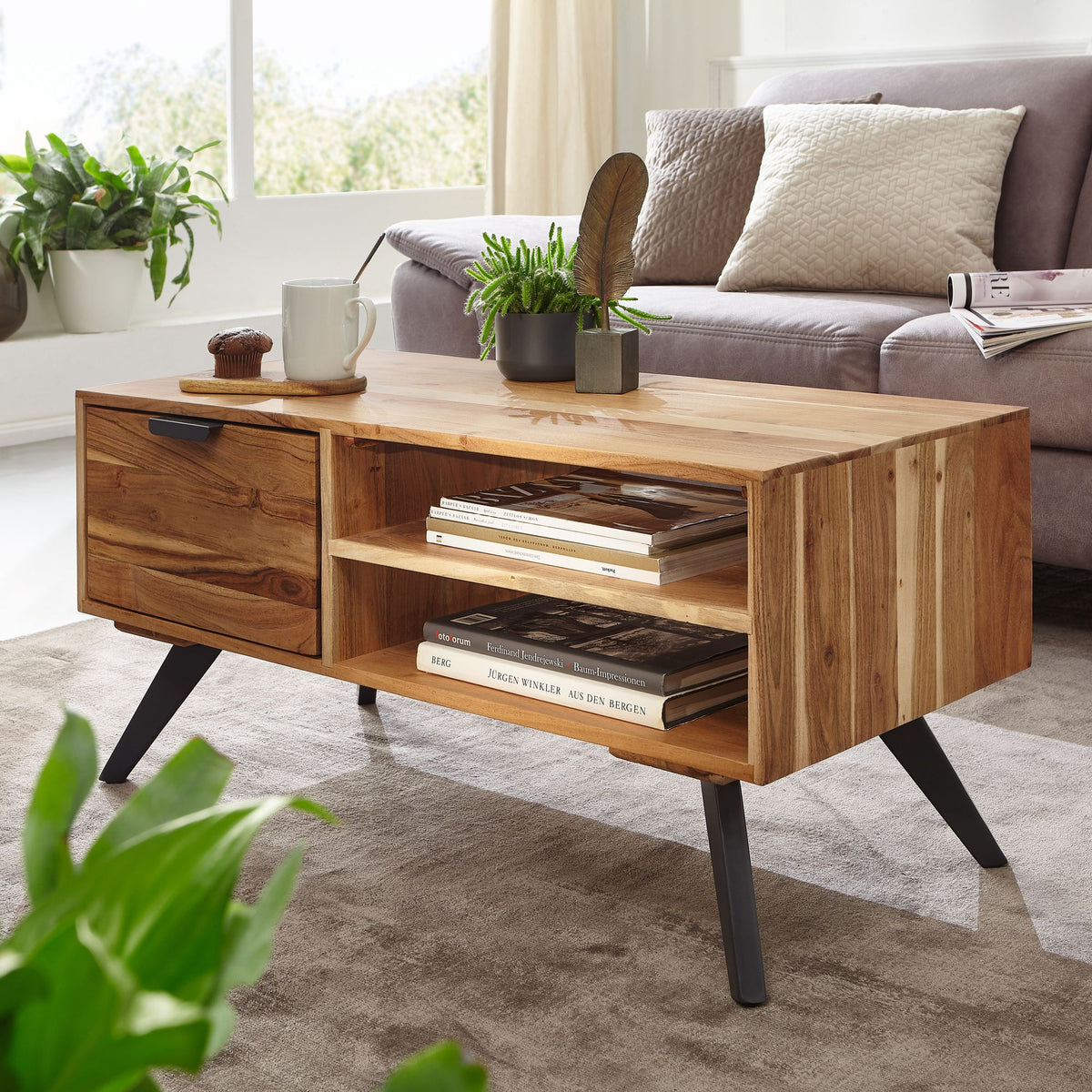 FineBuy Couchtisch Akazie Massivholz 95cm · Rechteckiger Wohnzimmertisch mit Schublade & Ablagefächern · Handgefertigter Sofatisch mit schwarzen Metal