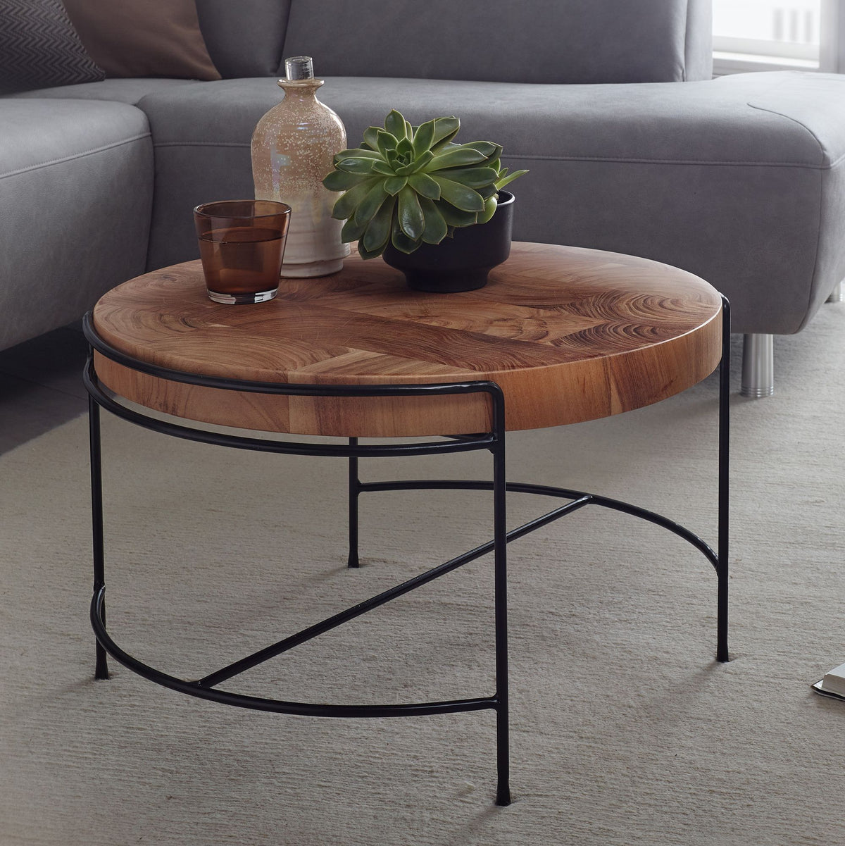FineBuy Couchtisch Akazie Massivholz rund 62 cm mit Metallgestell · Kleiner Wohnzimmertisch im Baumscheiben Design · Handgefertigt · Industrial & Natu