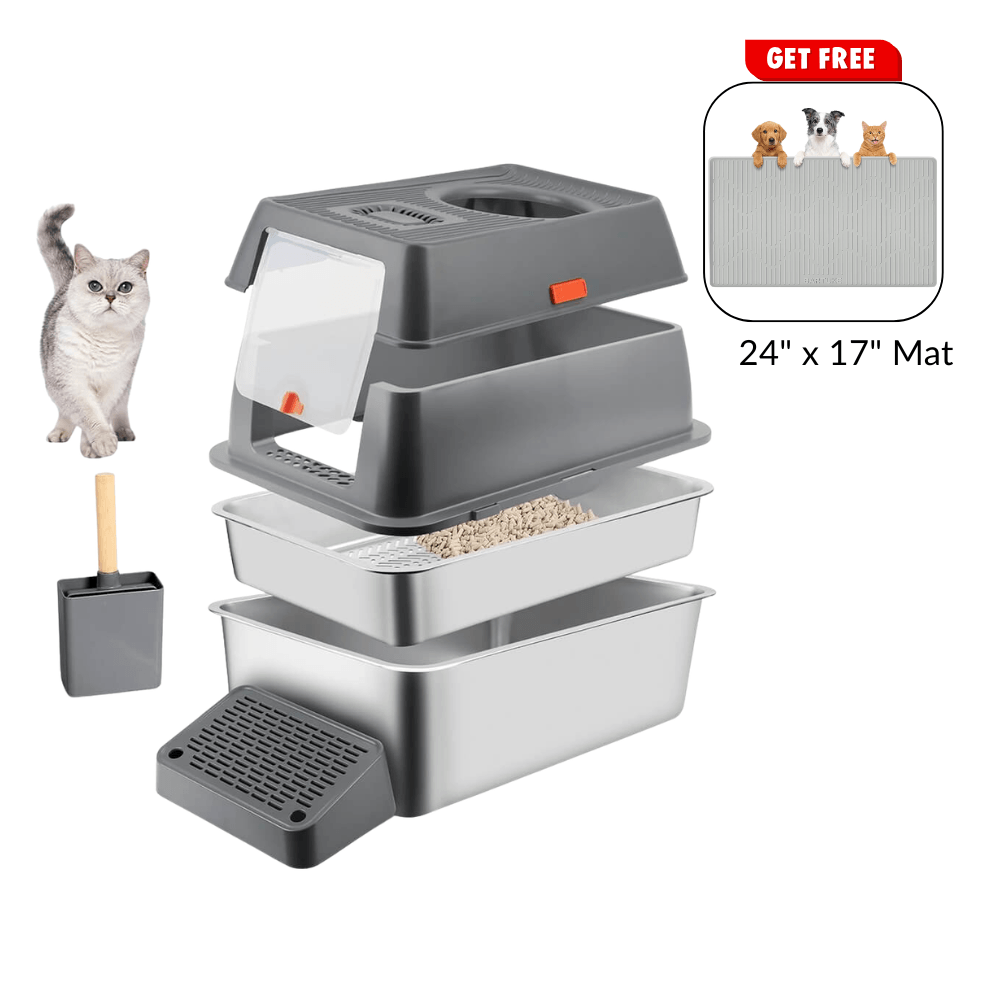XXL Stainless Steel Litter Box with Sifting Pan - Gray / 23.6"L x 15.7"W x 17.7”H