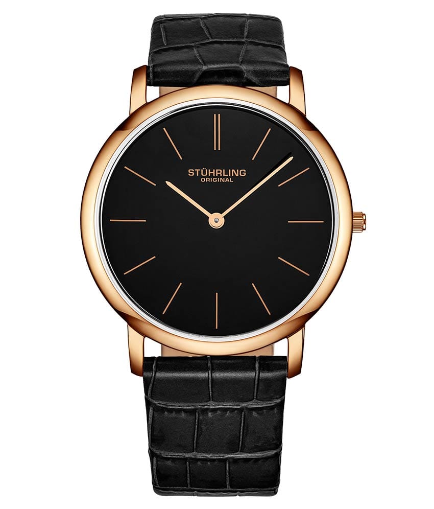 Stührling Ascot 601 Quartz 38mm Classic - Black Dial / Rose Case / Black Leather Strap Rose Gold Layered Tang Buckle