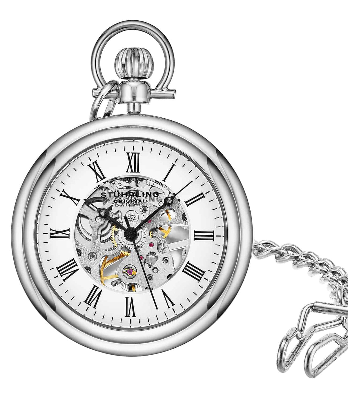 Stührling Vintage 6053 Hand-wind 47mm Skeleton - White Dial / Silver Case / Silver Stainless Steel Pocket Watch