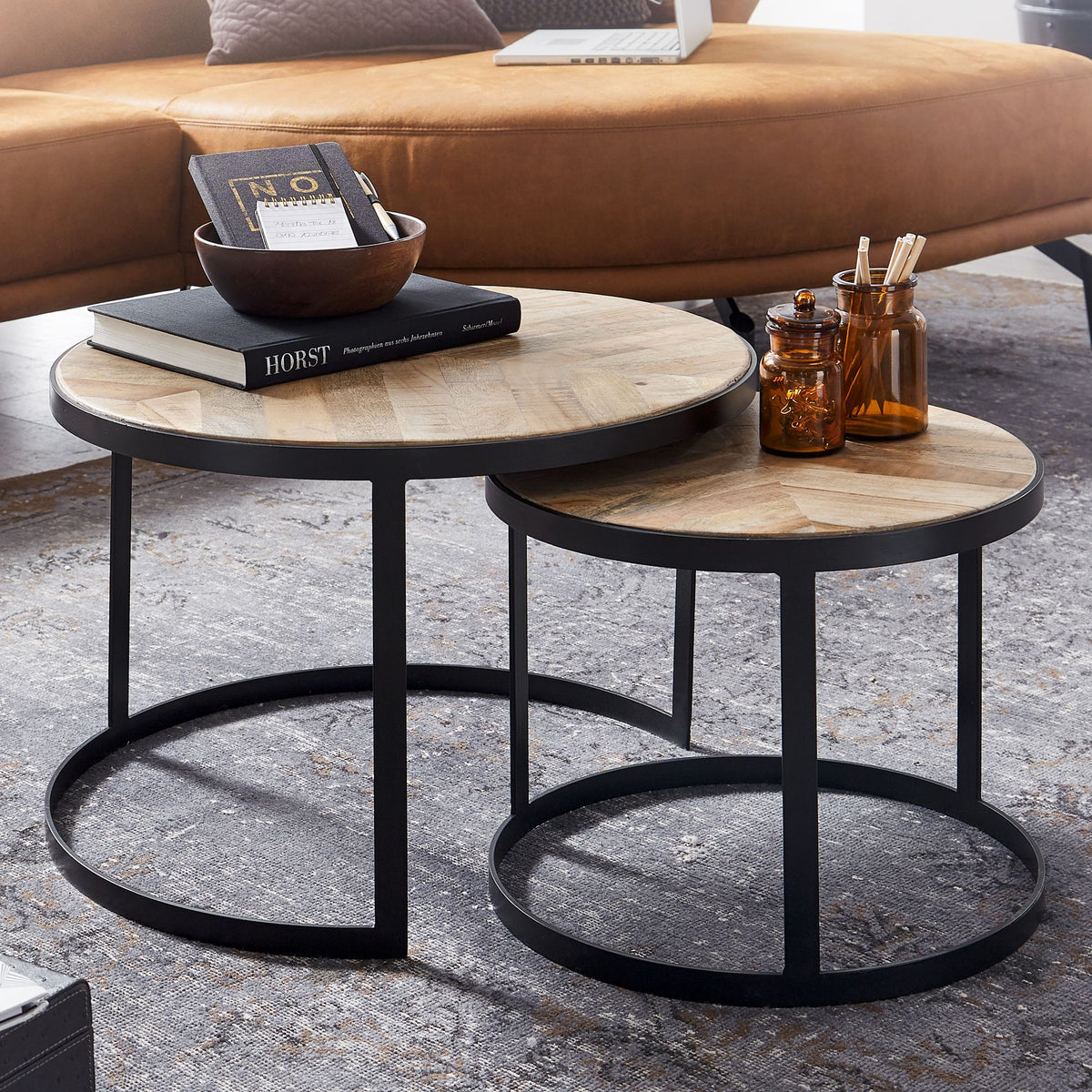 FineBuy Couchtisch 2er Set Massivholz / Metall Wohnzimmertisch Industrial Rund, Beistelltisch mit Metallbeine Schwarz, Tischset 2-teilig Satztisch Hol