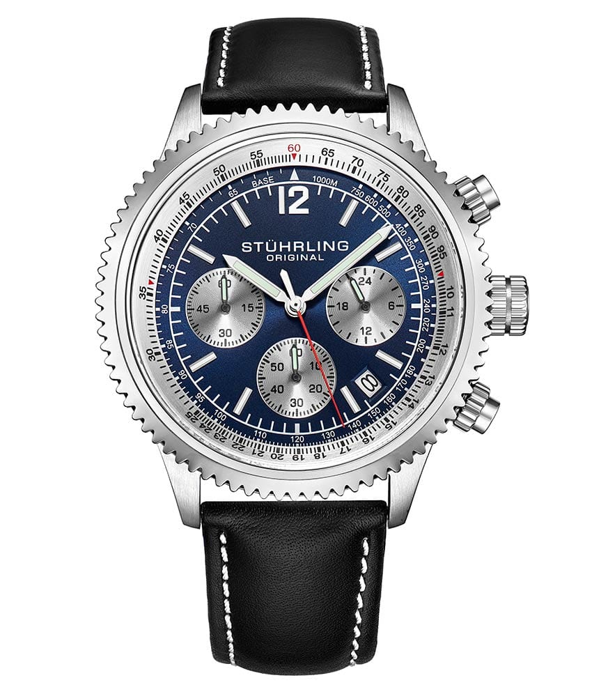 Stührling Monaco 669 Quartz 42mm Chronograph - Blue Dial / Silver Case / Black Leather Strap Silver Tang Buckle