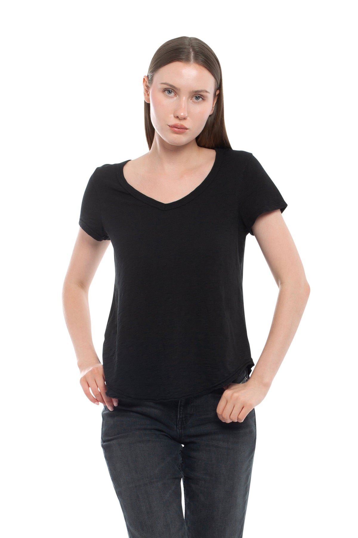 Short Sleeve Shrunken V-Neck Shirttail - Black / XS