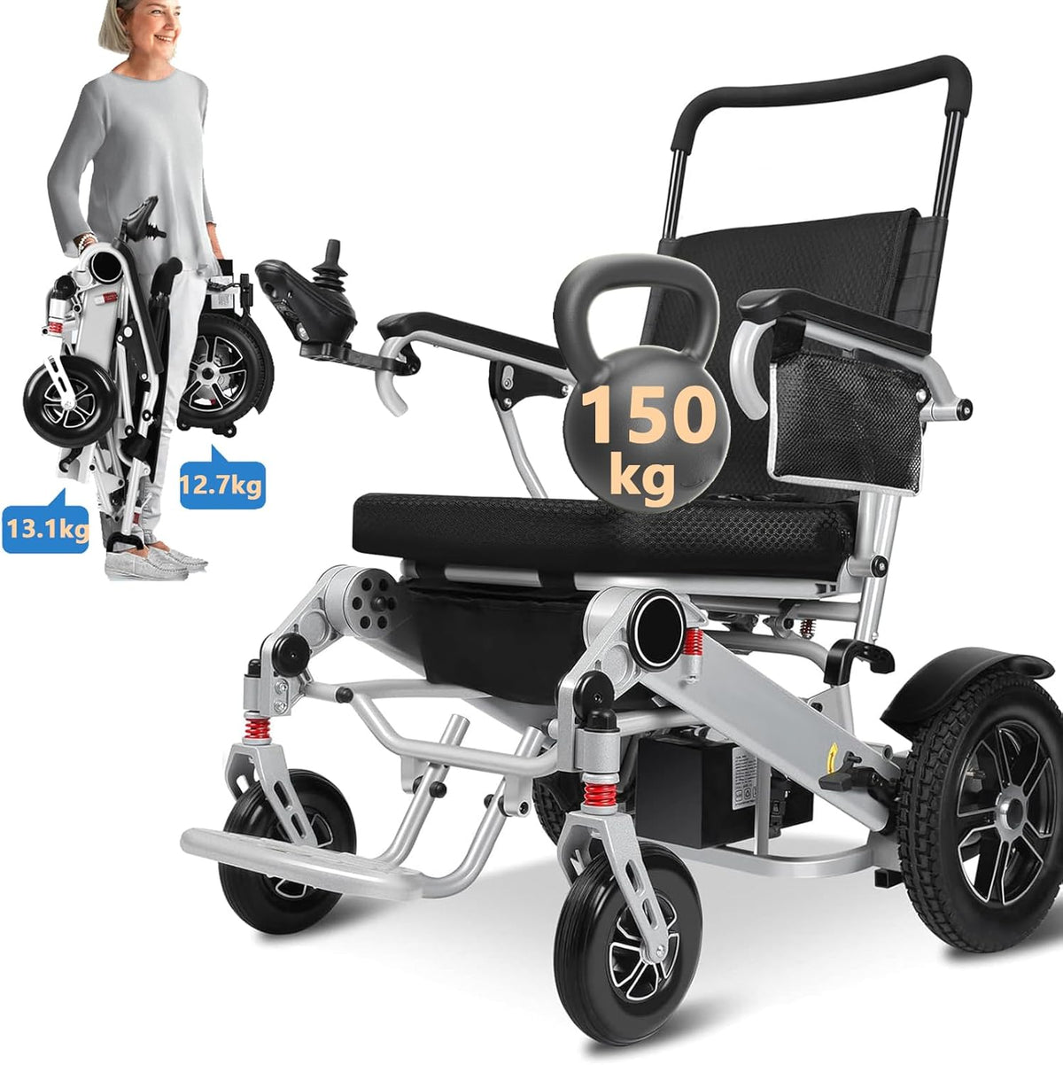 Teilbar Rollstuhl Elektrisch Faltbar, Nur 13KG, mit Led-licht, 700W Elektrischer Rollstuhl mit Gummi Luftbereifung für Allen Gelände, Elektrorollstuhl