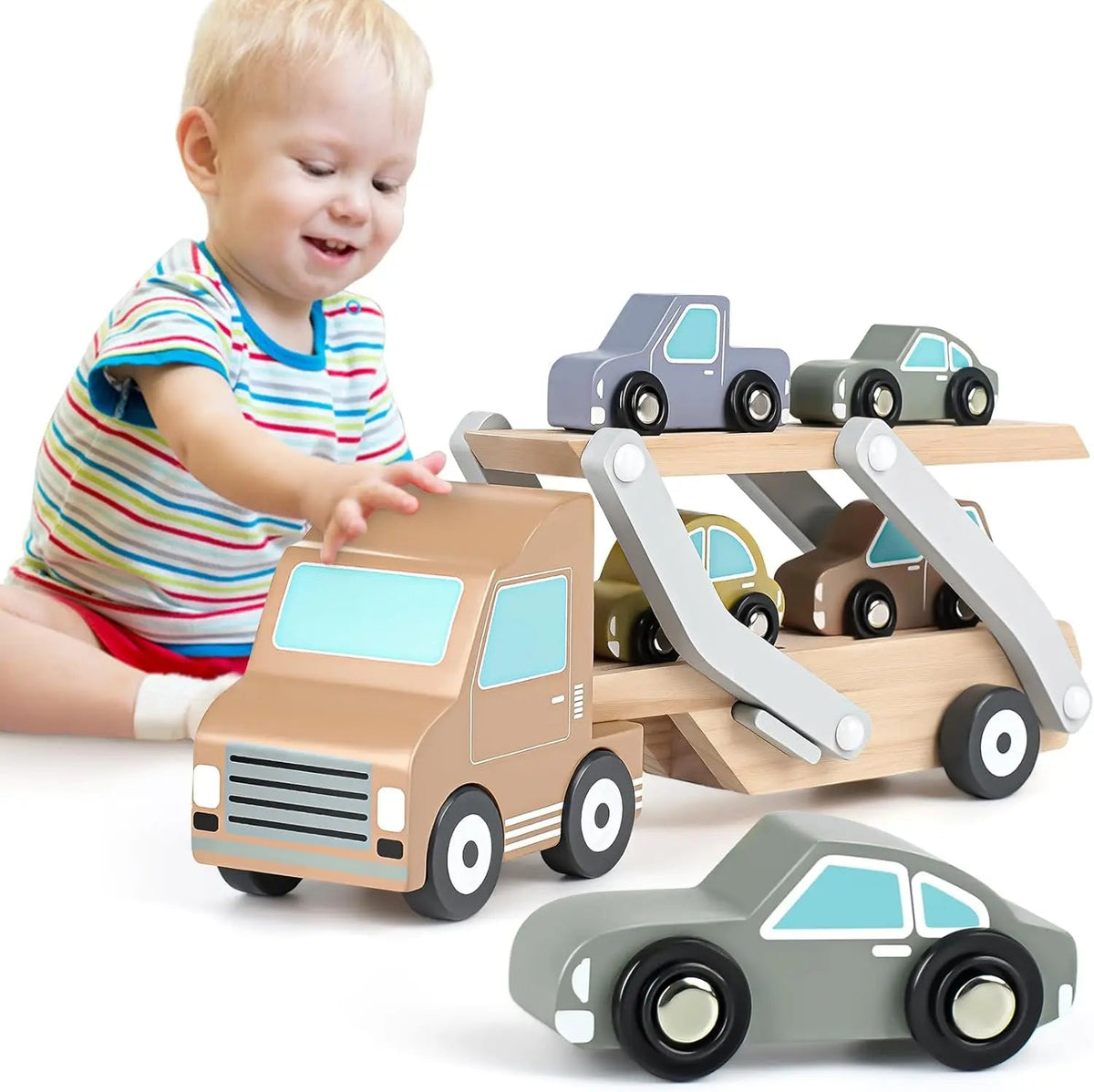 Wooden Car Transporter Toy with 4 Cars – Toddler Toy for 2-3 Year Olds