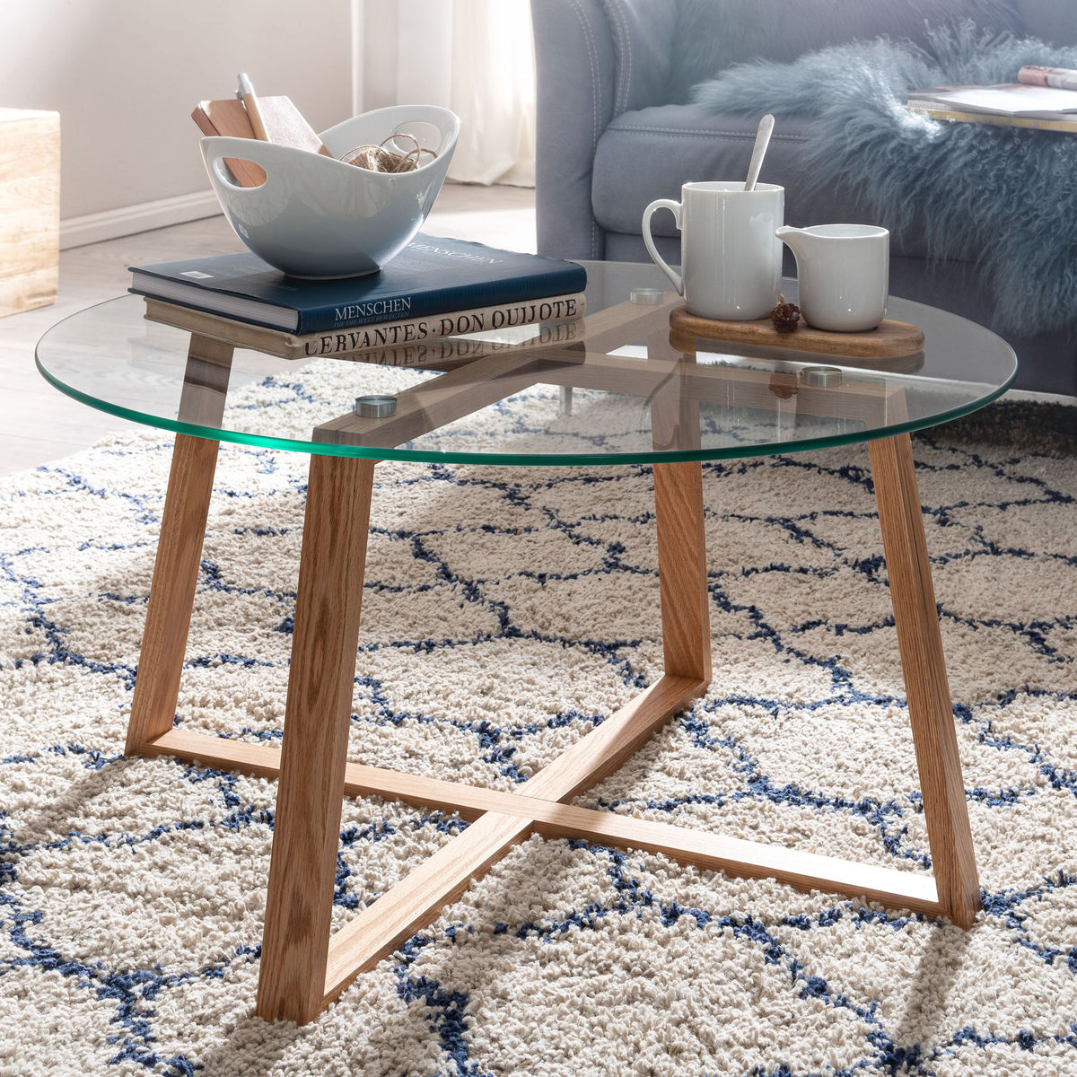 FineBuy Couchtisch Eiche Massivholz / Glas Sofatisch Rund Wohnzimmertisch, Design Stubentisch Modern, Holztisch Kaffeetisch, Tisch Wohnzimmer Echtholz