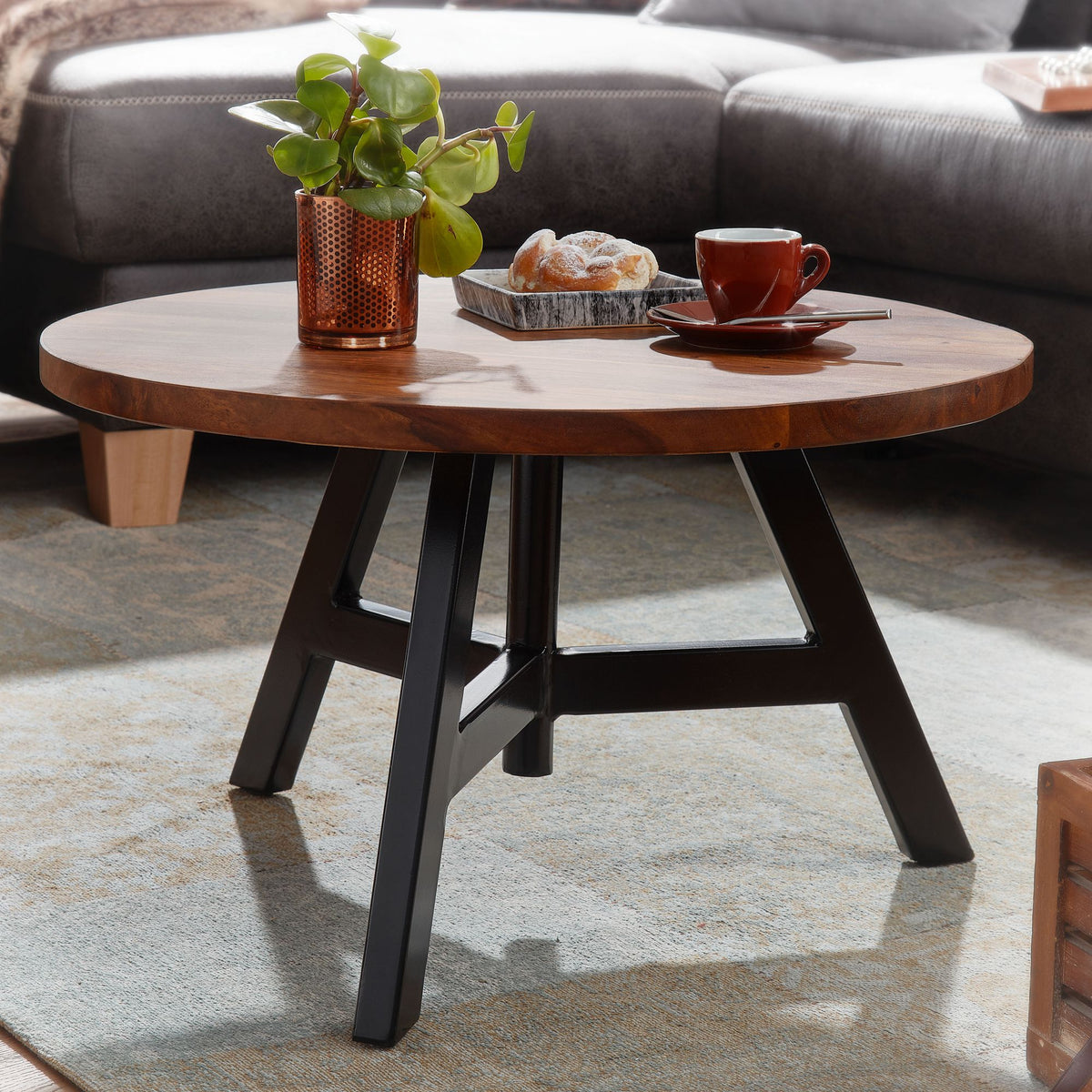 FineBuy Couchtisch Sheesham Massivholz rund Ø 60 cm | Wohnzimmertisch im Industrial Design mit stabilem Metallgestell | Handgefertigter Echtholz Tisch
