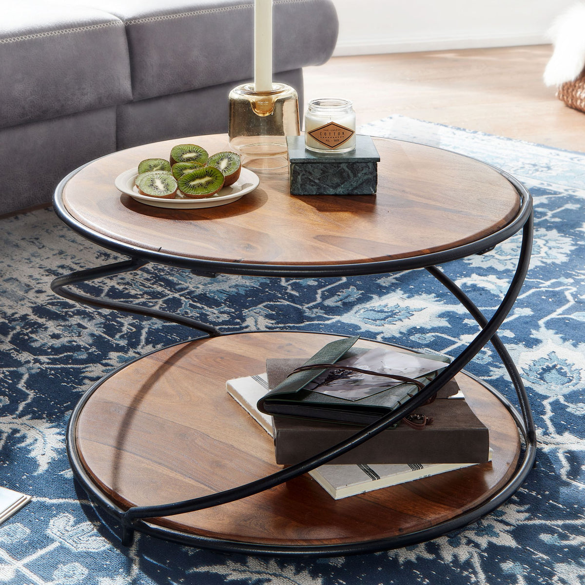 FineBuy Couchtisch Sheesham Massivholz rund Ø 58 cm – Wohnzimmertisch mit Ablage – Design Tisch aus Echtholz & Metall – Handgefertigter Massivholztisc