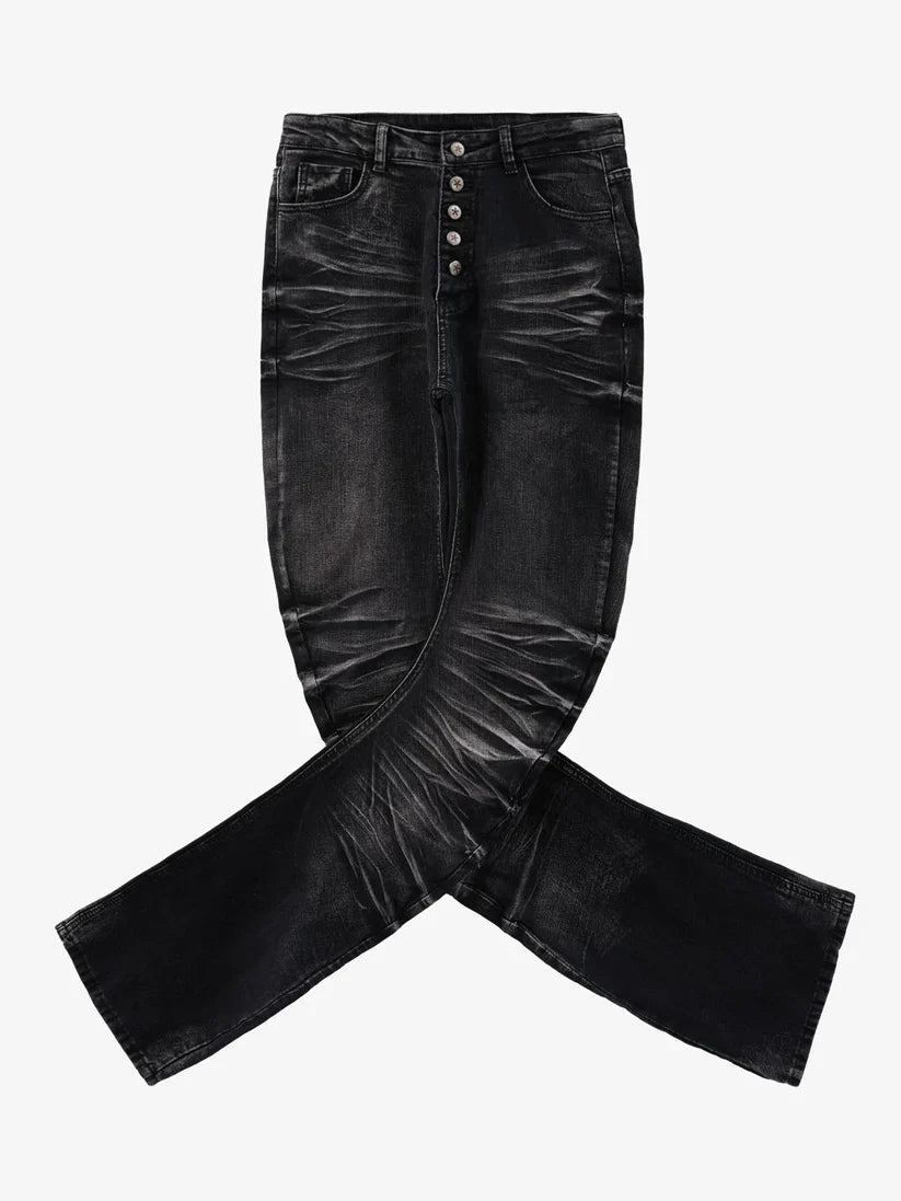 Vintage Distressed Button Fly Ruched Panel Flared Jeans - 2648 - Black / M