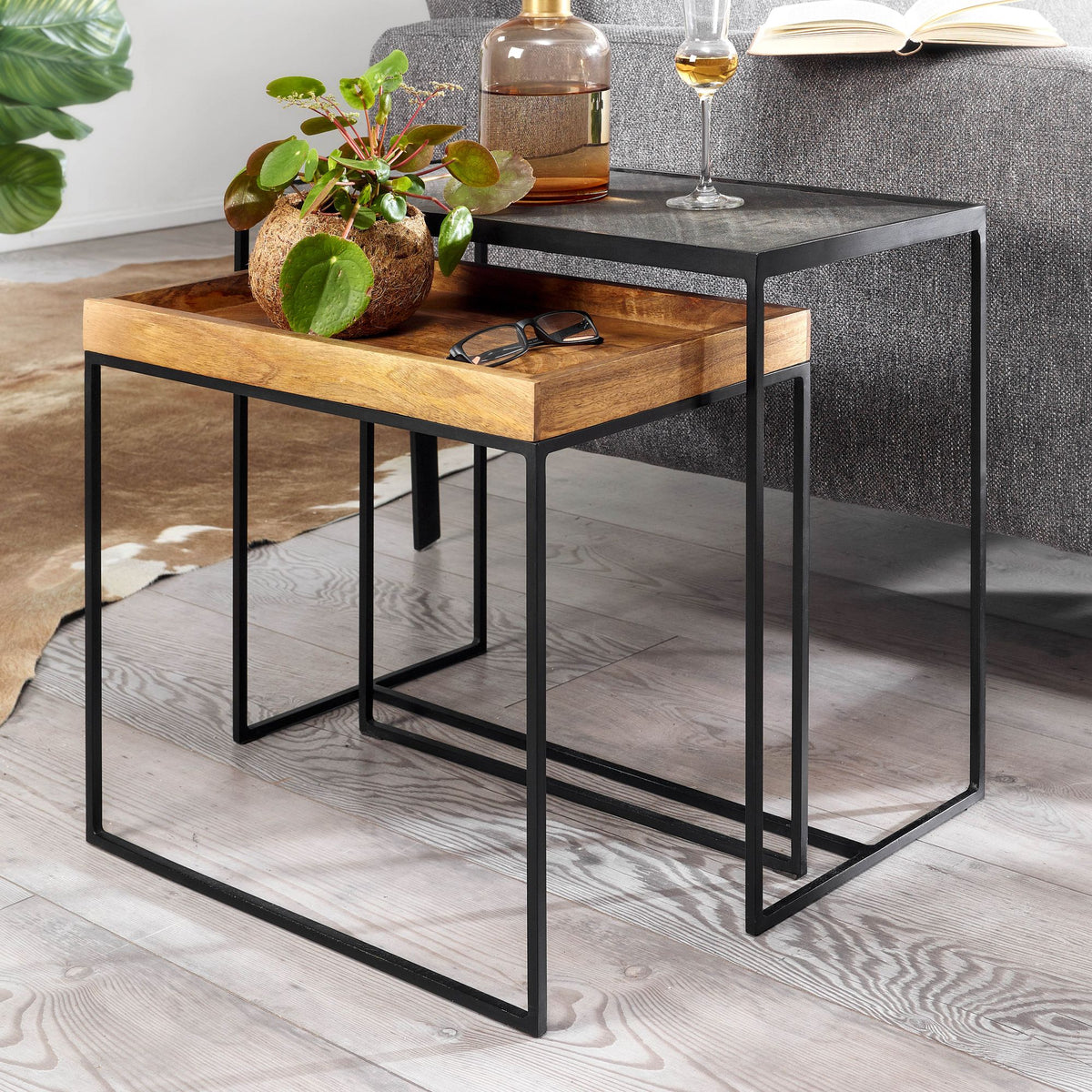 FineBuy Wohnzimmertisch 2er Set Mango Massivholz / Stein-Optik Beistelltisch Eckig, Design Beistelltisch Industrial, Sofatisch Couchtisch Rechteckig,