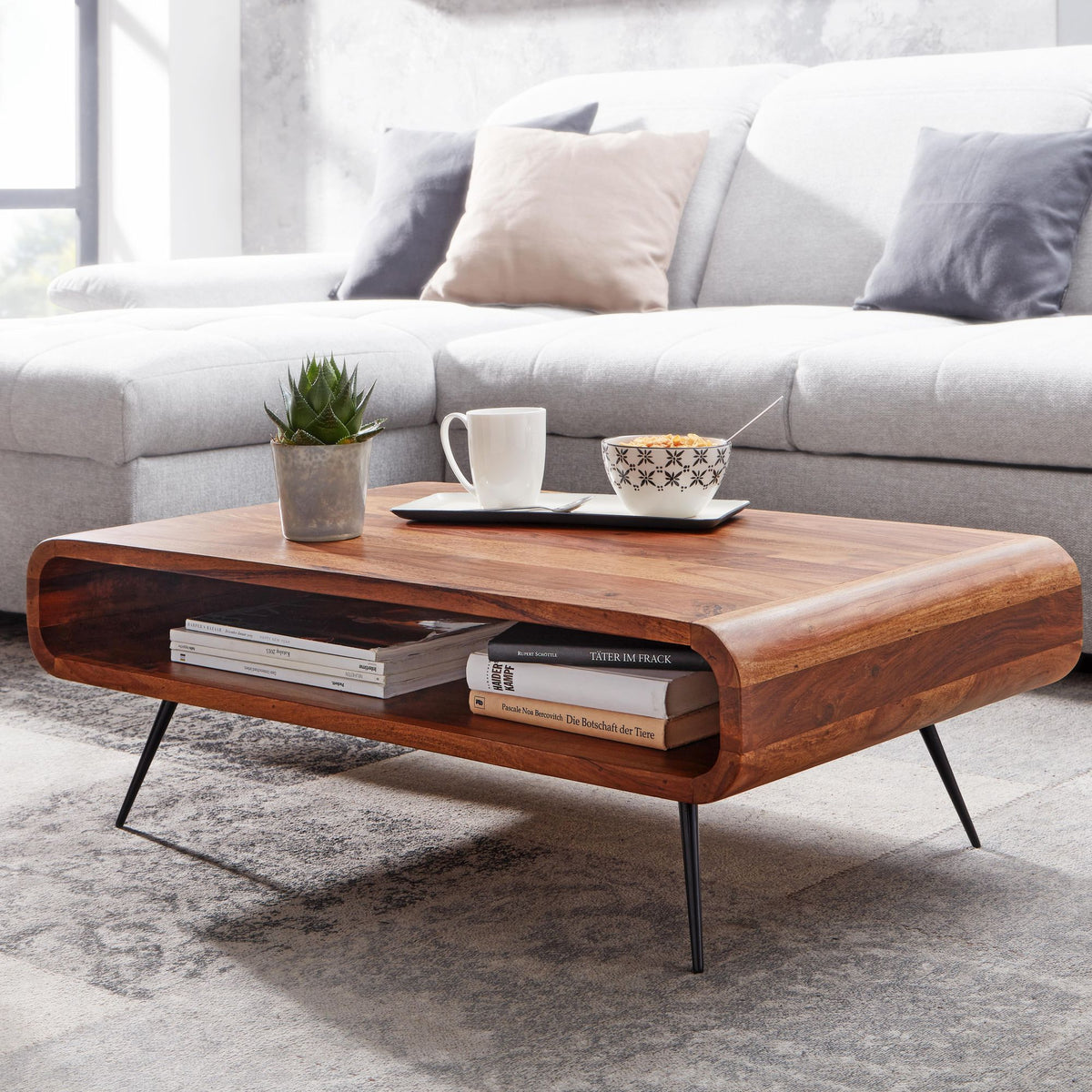 FineBuy Couchtisch Sheesham Massivholz 90 cm – Wohnzimmertisch mit Ablage im Retro Design | Handgefertigter Holztisch mit klarlackversiegelter Oberflä
