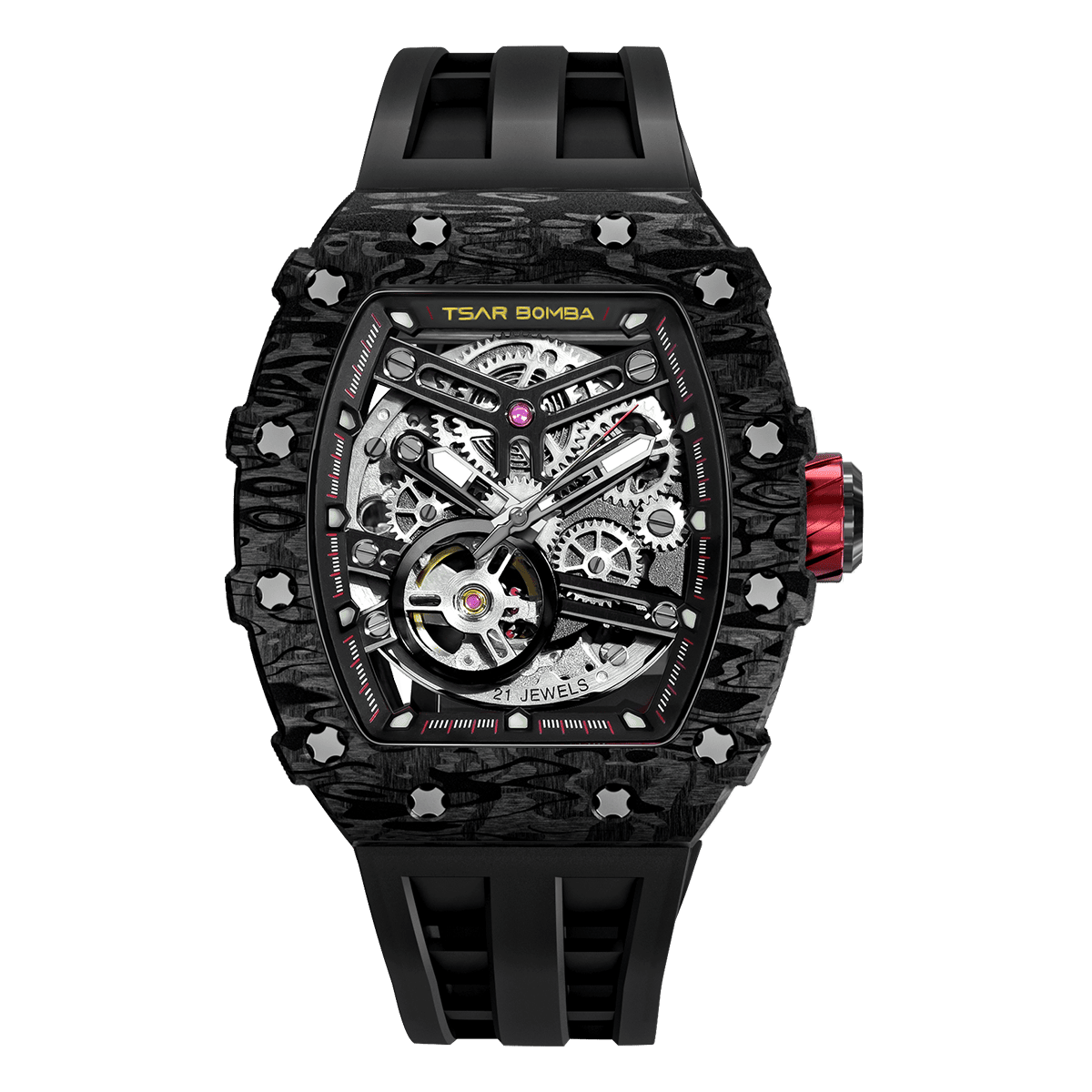 TSARBOMBA Elemental TB8208CF Fashion Watch; features a Miyota automatic mechanical movement, a carbon fiber bezel, and a black 316L stainless steel ca
