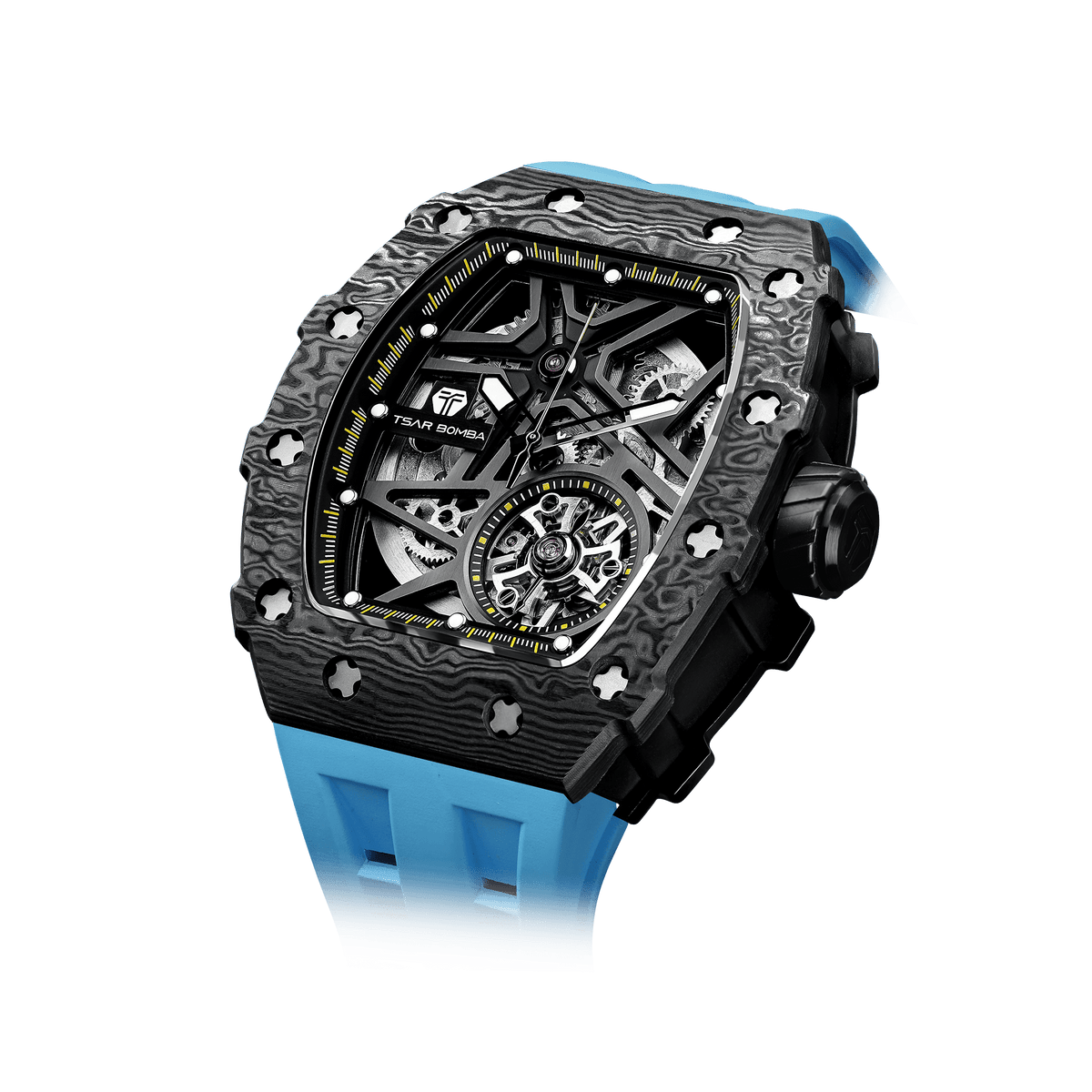 TSARBOMBA elemental TB8209CF Men’s Fashion Watch; features a Miyota movement paired with a carbon fiber bezel and a 316L stainless steel case, combini