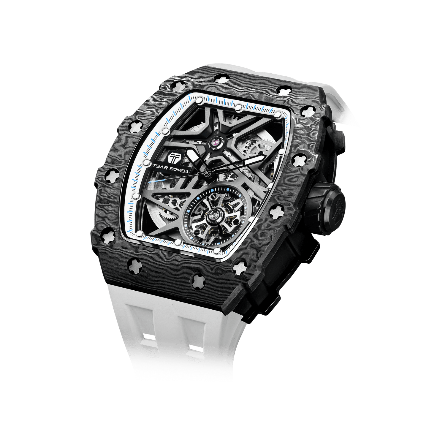 TSAR BOMBA black watches – Herren-Automatik-Skelettuhr mit Carbonfaser-Lünette, sportlich-luxuriösem Design, FKM-Kautschukarmband Schwarz Weiß