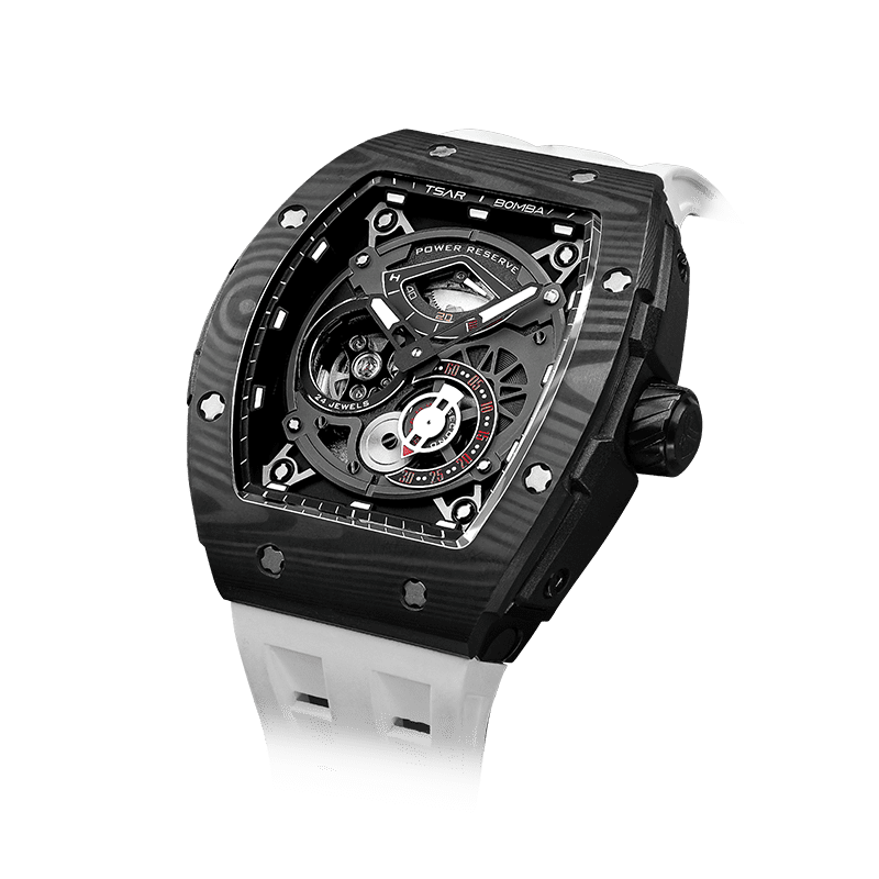 schwarze Uhr TSAR BOMBA Elemental Serie watch– Herren-Sport-Skelett-Automatikuhr mit Carbonfaser-Lünette, Gangreserveanzeige Elite White