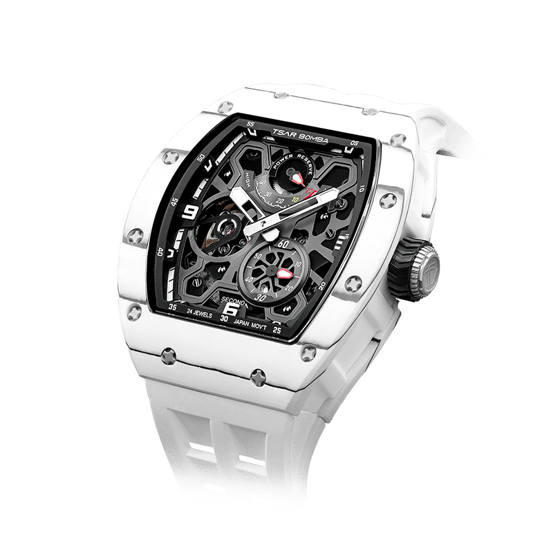 schwarze Uhr TSAR BOMBA Elemental Serie – Herren-Automatikuhr mit kompletter Carbonfaser Weiß