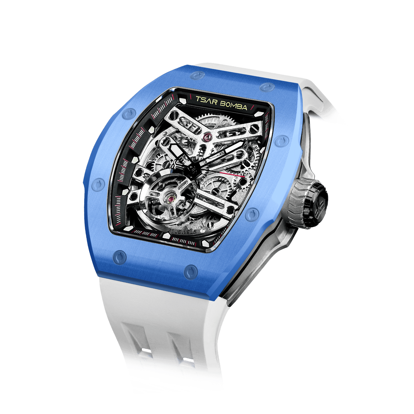 TSAR BOMBA schwarze Uhr – Luxuriöse skelettierte Herren-Automatikuhr mit Wechselarmband. Hochleistungsfähiges mechanisches Meisterwerk Blau