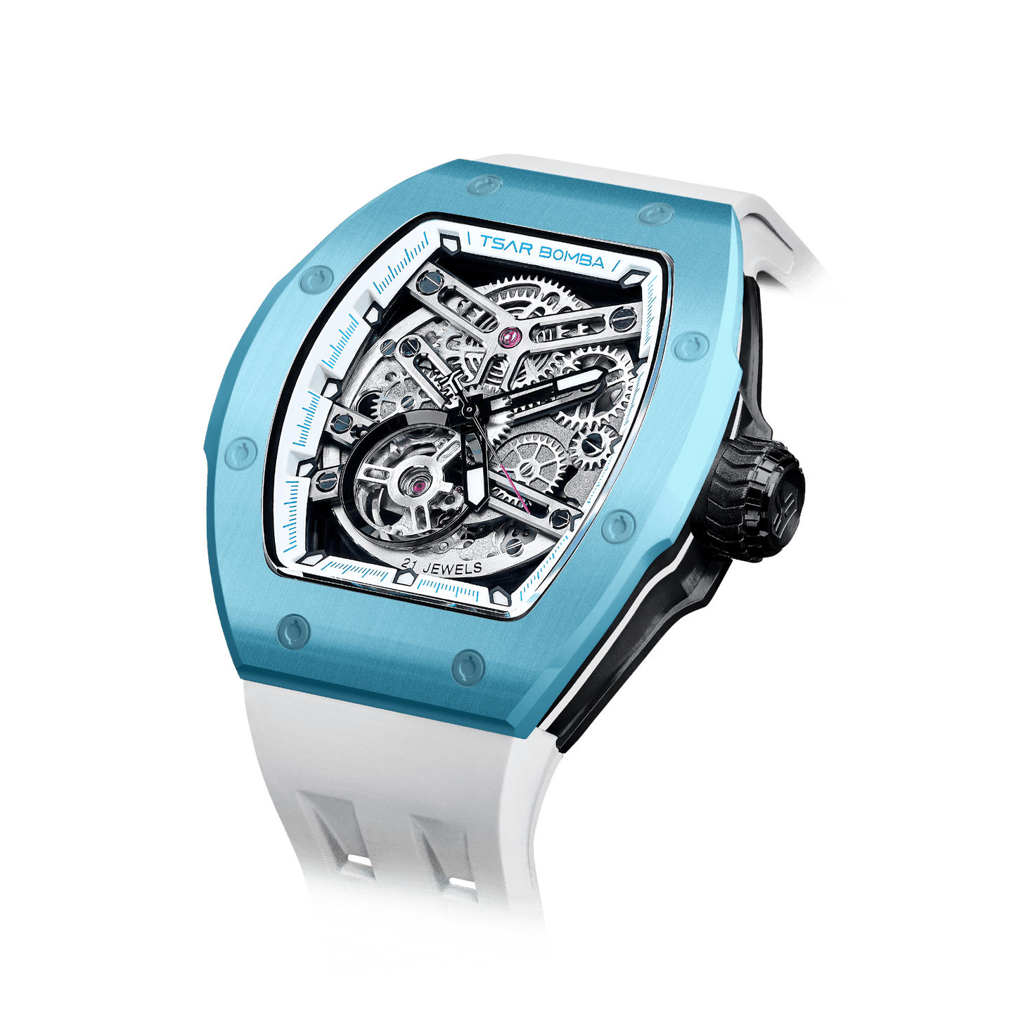 TSAR BOMBA Atomic Serie – Luxuriöse skelettierte Herren-Automatikuhr mit Wechselarmband. Hochleistungsfähiges mechanisches Meisterwerk Hellblau