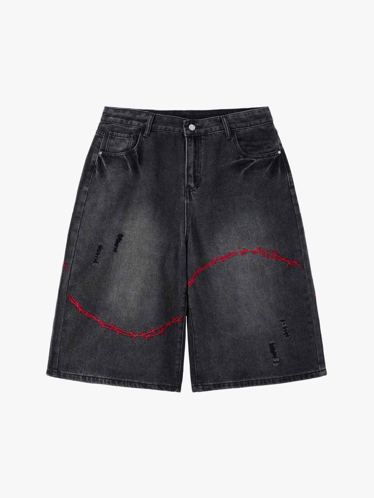 Vintage Barbed Wire Embroidery Distressed Washed Denim Jorts - Black / M