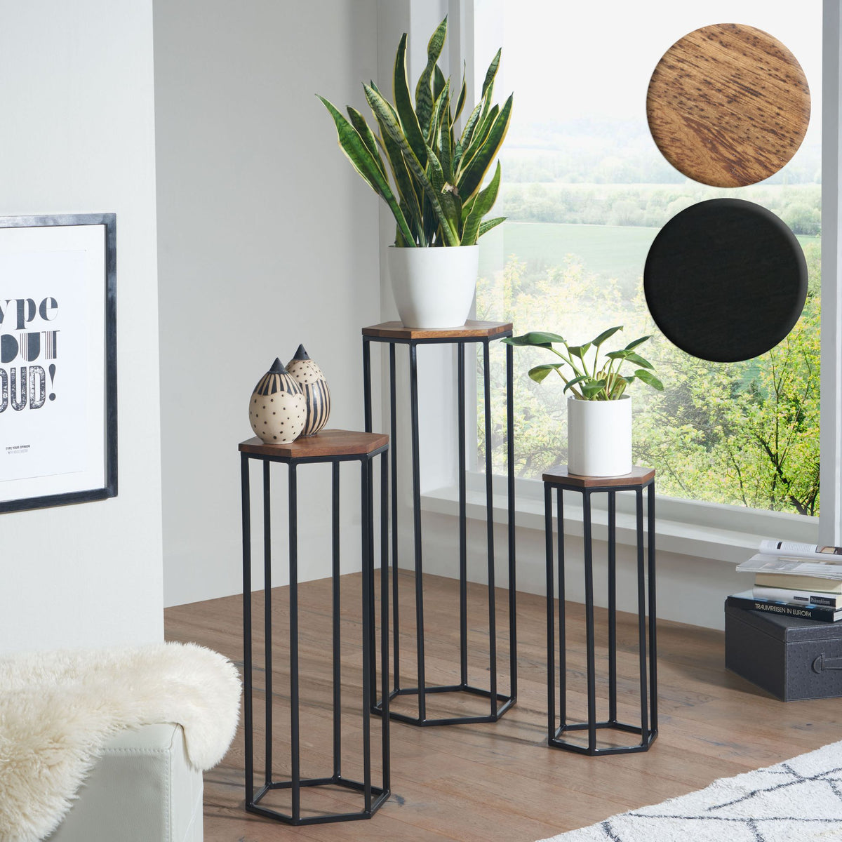 FineBuy Beistelltisch 3er Set Massivholz / Metall Satztisch Sechseckig, Säulentisch Pflanzentisch 3-teilig, Blumenständer Blumentisch Wohnzimmer, Pfla