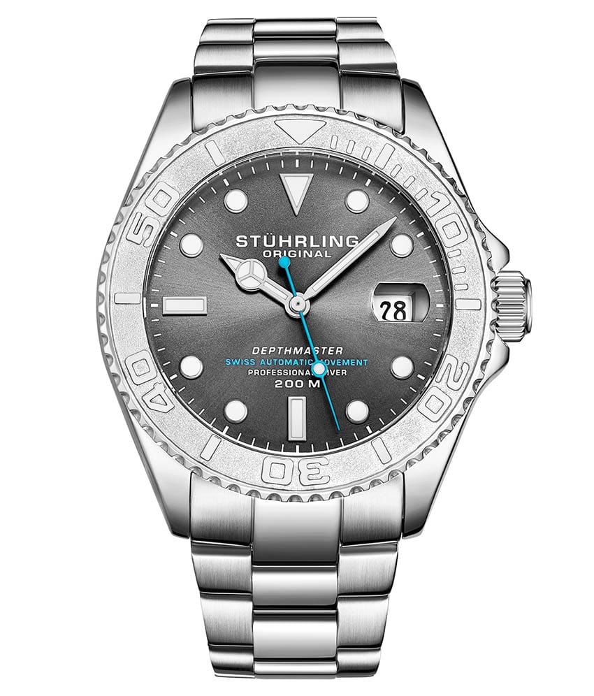 Stührling Depthmaster 893 Automatic 42mm Diver - Grey Dial / Silver Case / Stainless Steel Bracelet Silver Deployant Buckle
