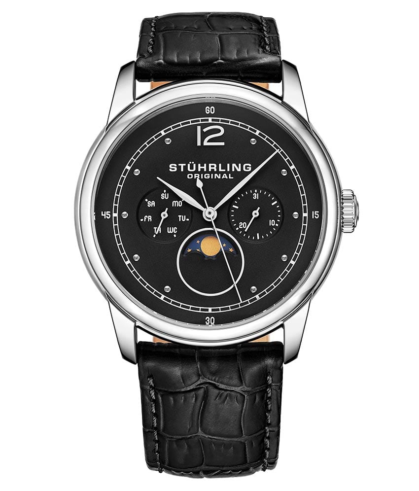Stührling Celestia 898 Quartz 39mm Classic - Black Dial / Silver Case / Black Leather Strap Silver Tang Buckle