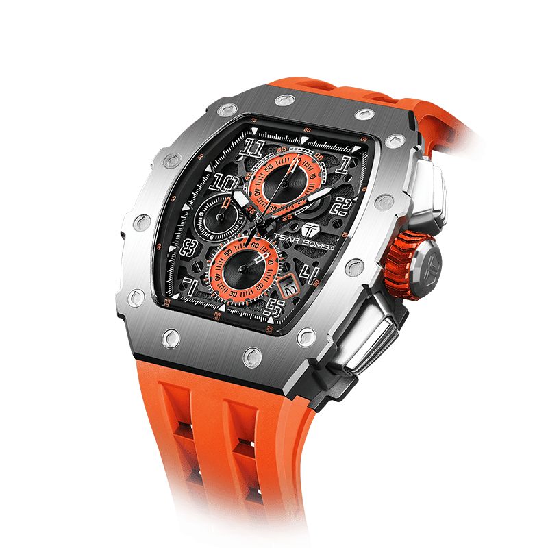 TSAR BOMBA men watch – Luxuriöse Tonneau-Herrenuhr, 50 m wasserdicht, Chronograph mit Kalenderanzeige Silberorange