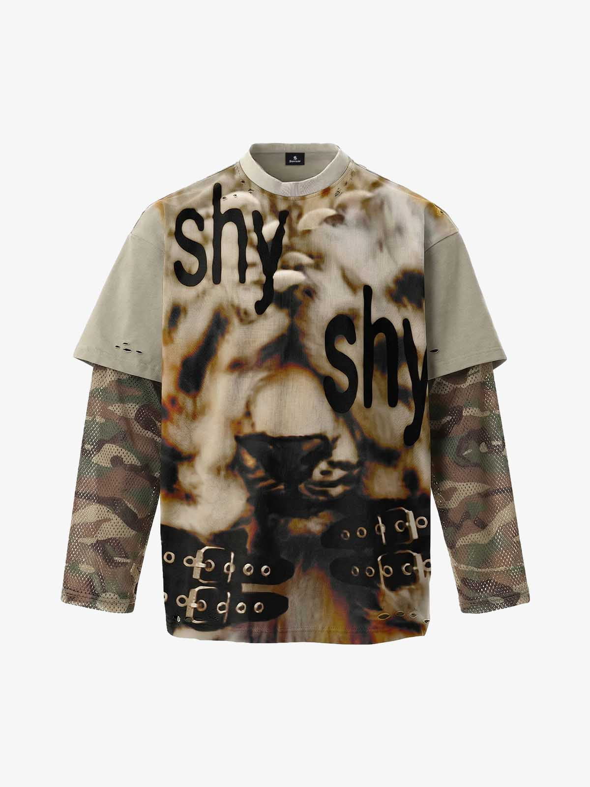 Grunge Graphic Fake Layer Camo Sleeve T-Shirt - Gray Green / M