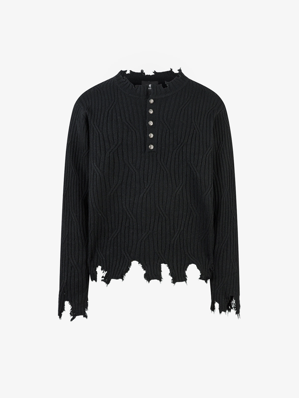 Knitted Distressed Diamond Pattern Raw Edge Sweater - Black / M