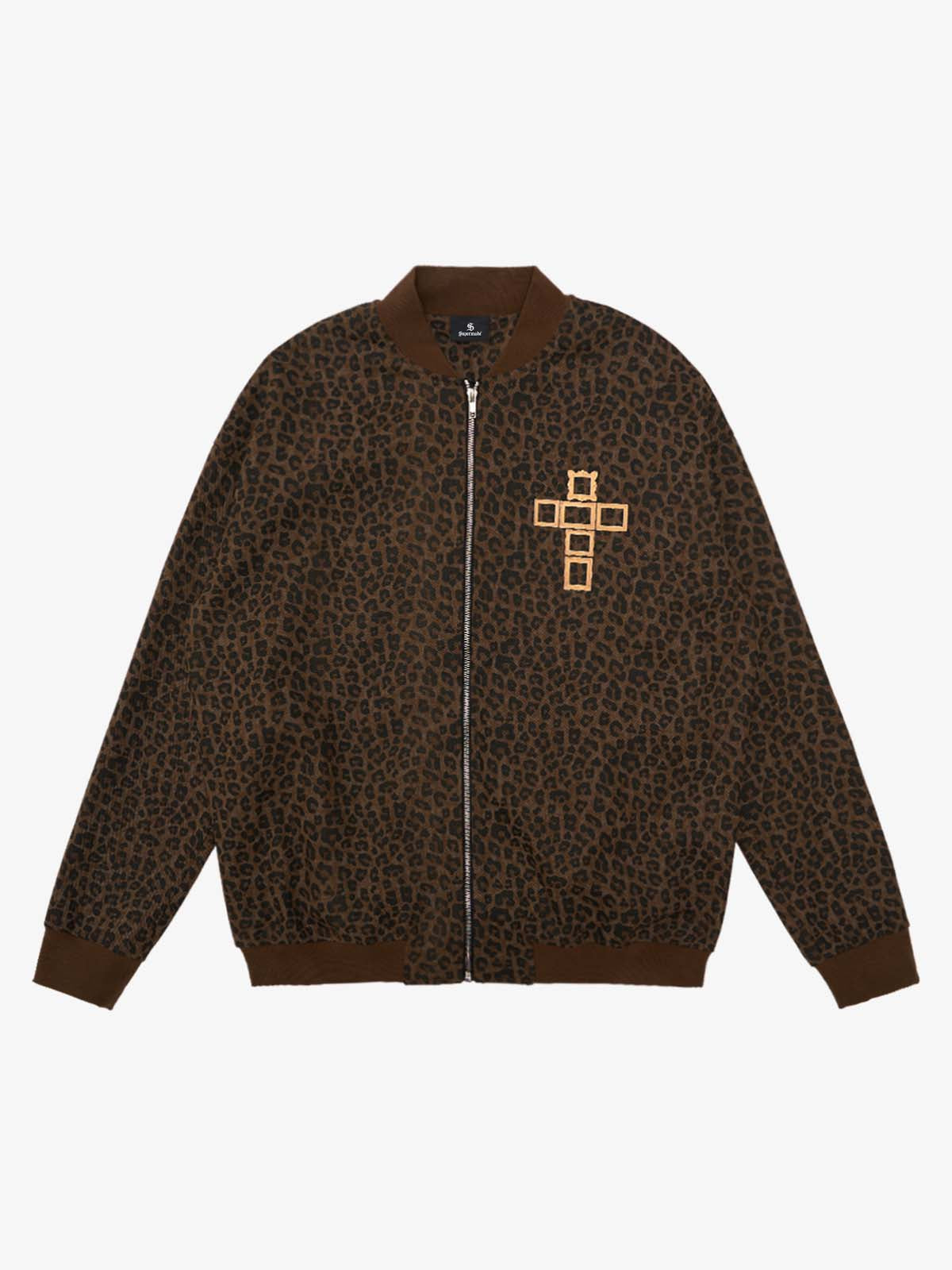 Cross Frame Leopard Print Baseball Jacket - 2572 - Leopard / M