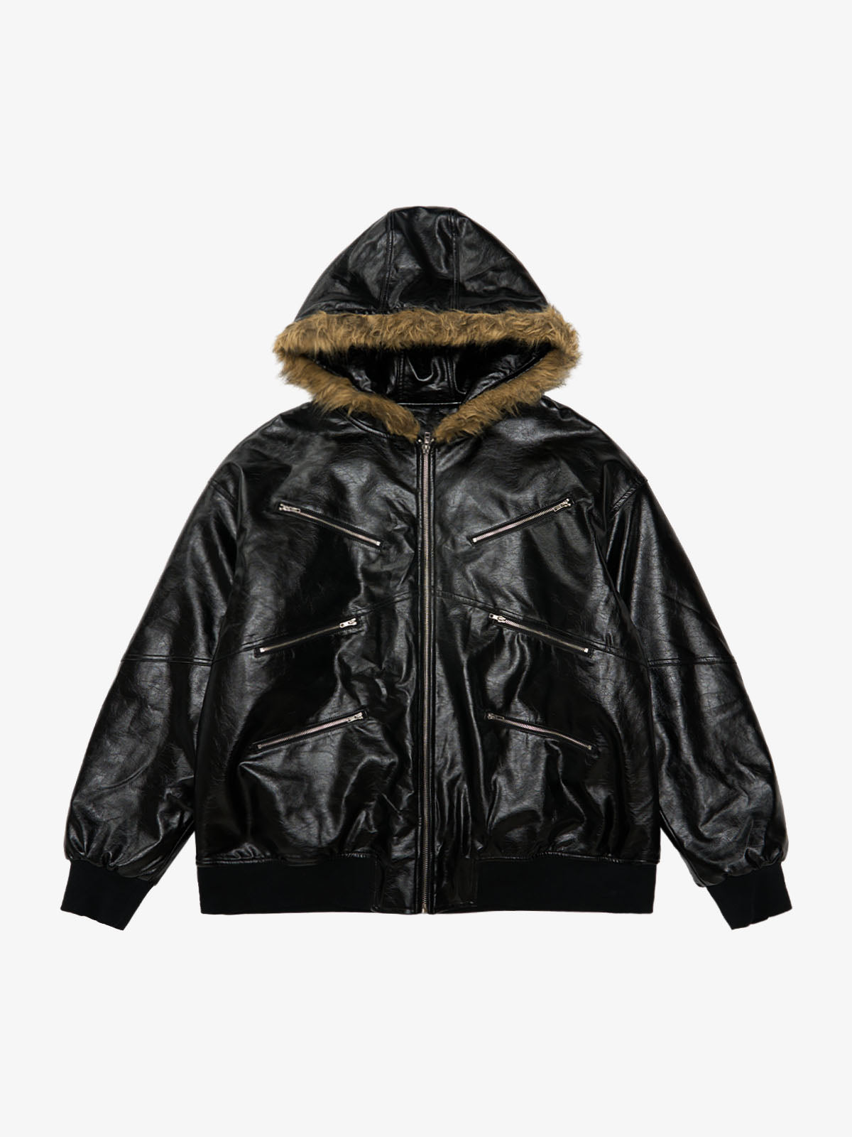 Multi-Zip Fur Hooded Leather Jacket - Black / S