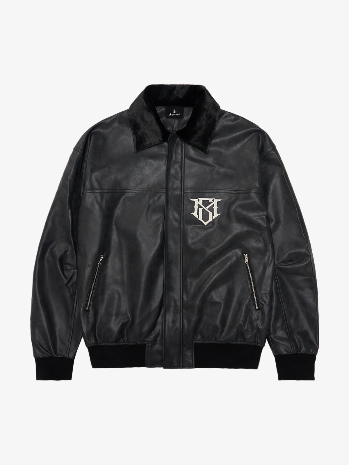 SUPM Fur Collar Rhinestone Pattern Leather Jacket - 2557 - Black / M