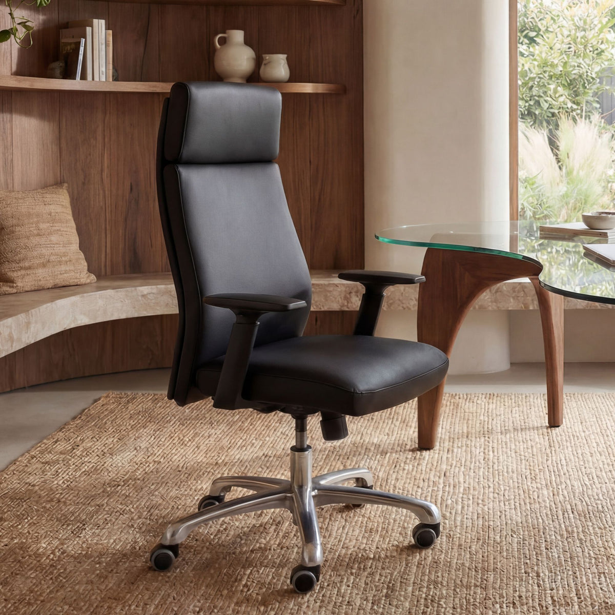 FineBuy Bürostuhl PORTO Echt-Leder Schwarz ergonomisch mit Kopfstütze, Design Chefsessel Schreibtischstuhl ergonomisch mit Wippfunktion, Drehstuhl mit