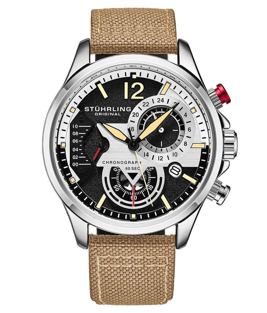 Stührling Cordura 908 Quartz 45mm Aviator - Black Dial / Silver Case / Beige Leather Strap Silver Tang Buckle