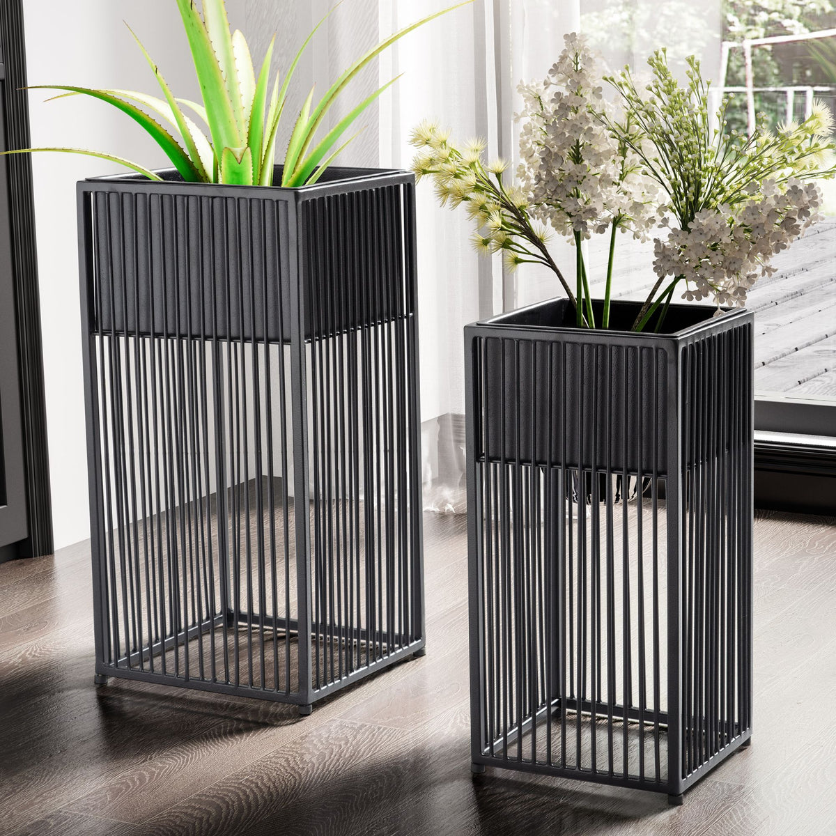 FineBuy Blumentopf 2er Set Metall Pflanzkübel Schwarz mit Gestell, Design Pflanzenkübel Quadratisch, Blumenkübel Pflanzgefäß Indoor