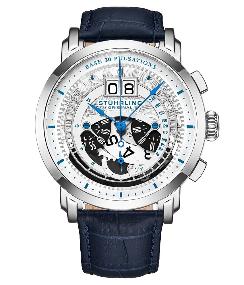 Stührling Imperia 928 Quartz 44mm Chronograph - Silver Dial / Silver Case / Blue Leather Strap Silver Tang Buckle