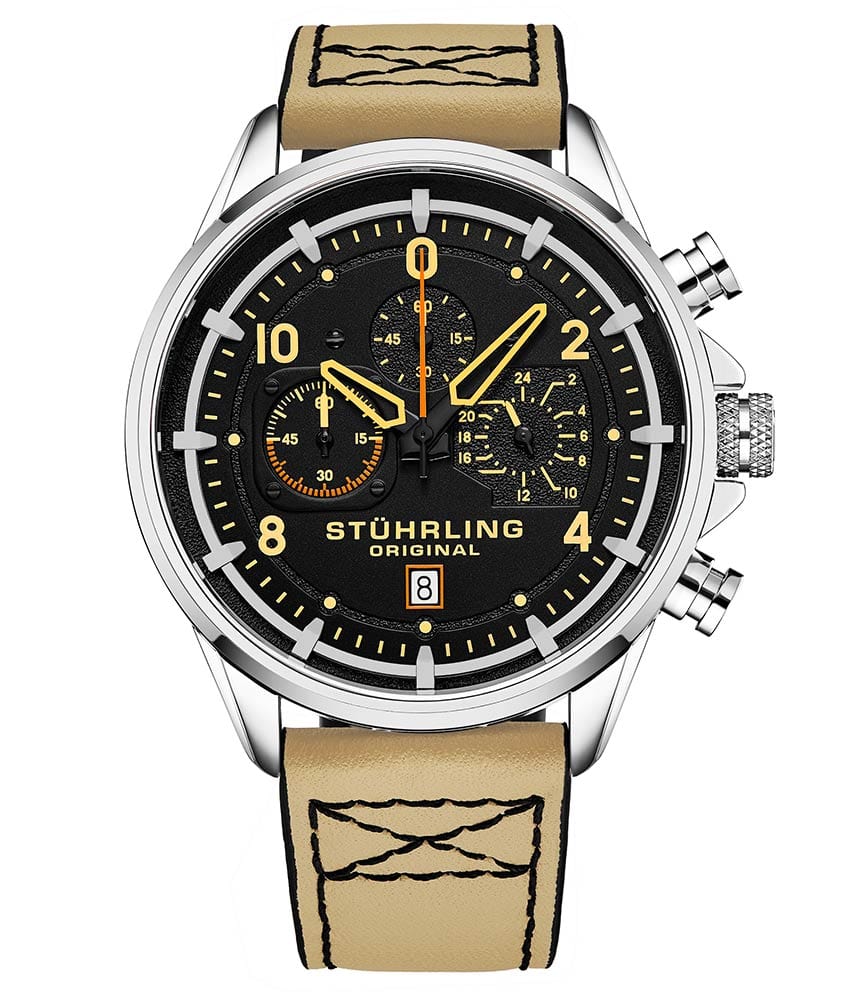 Stührling Volda 929 Aviator 45mm Quartz Watch - Black Dial / Silver Case / Beige Leather Strap Silver Tang Buckle