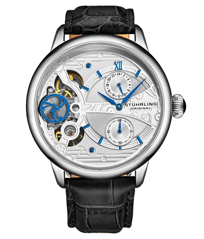 Stührling Vertex 947 45mm Skeleton - Silver Dial / Silver Case / Black Leather Strap Silver Tang Buckle