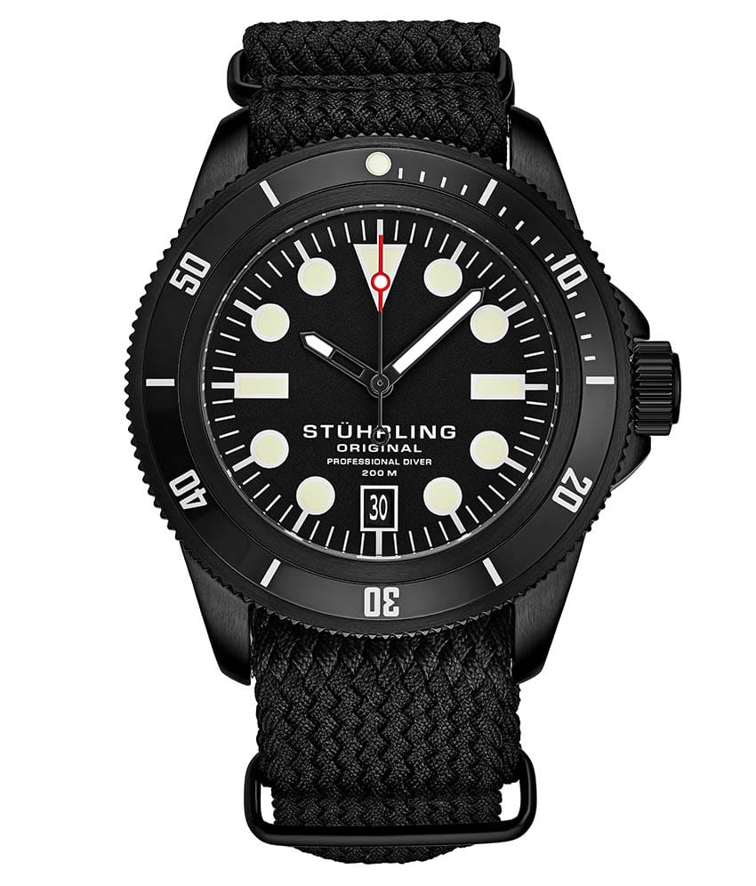 Stührling Cobia 966A Quartz 43mm Diver - Black Dial / Black Case / Black Nylon Strap Black Tang Buckle