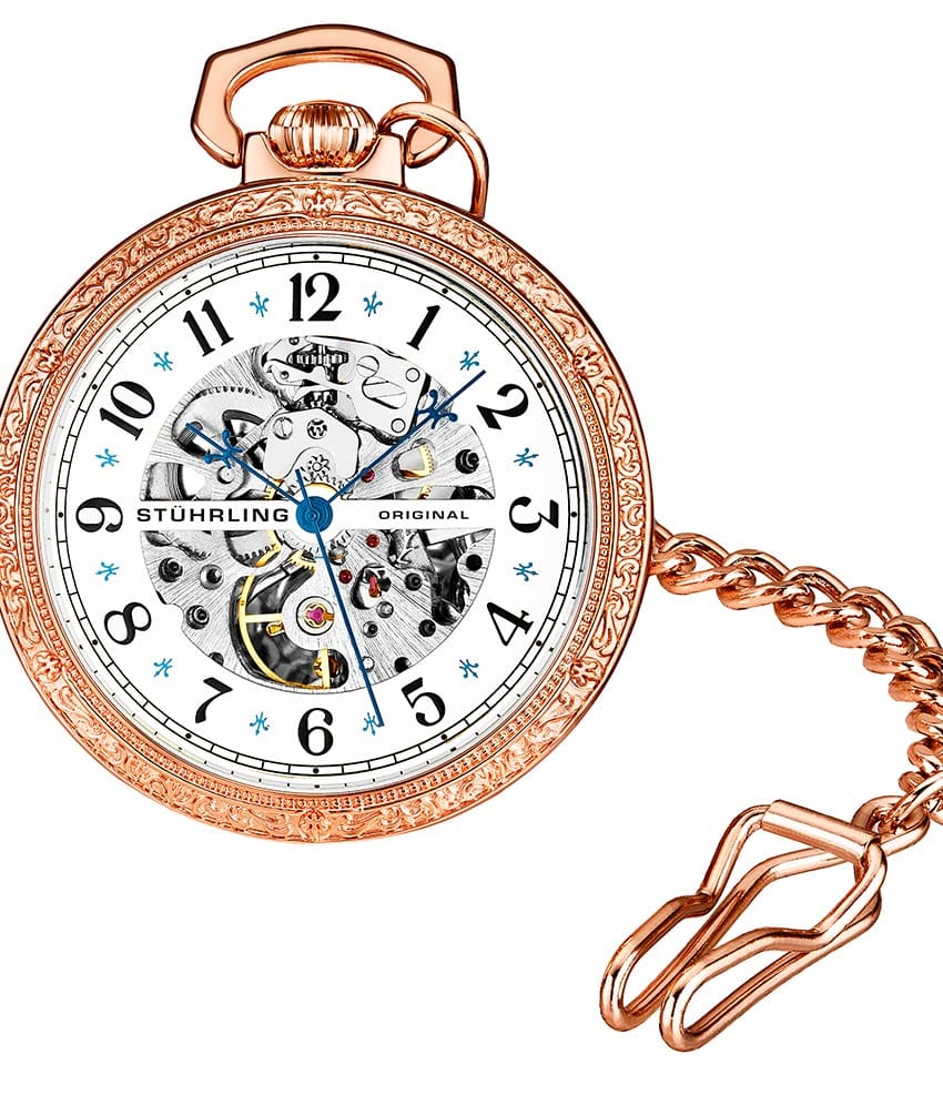 Stührling Consul 979 Hand-wind 48mm Skeleton - White Dial / Rose Case / Stainless Steel Pocket Watch