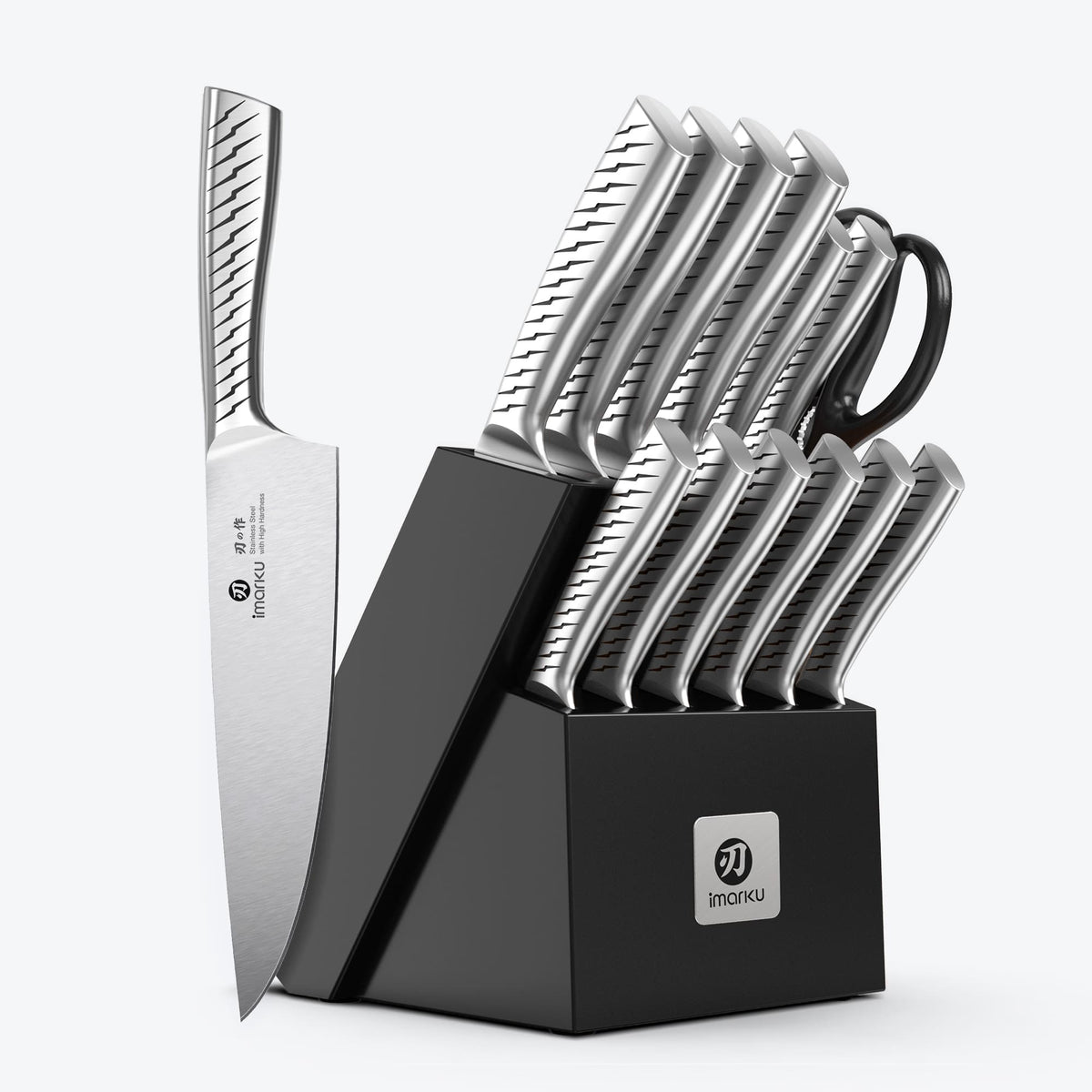 Modern Chef Knife Set with Block and Engraving Knife Handle Design - Black